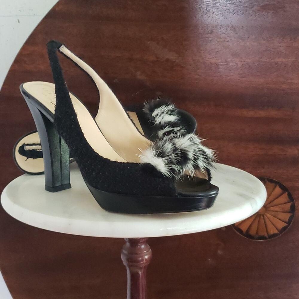 Kate Spade Women's Mobwife Old Money Tweed Mink Bow Open Toe Sling Back Heels 9B